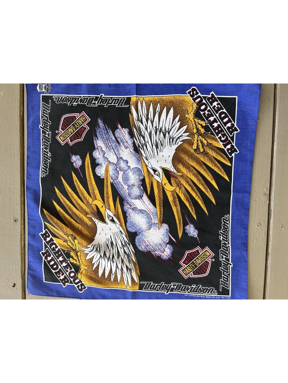 Vintage Harley Davidson Blue Eagle Bandana "Righteous Rider" Eagle 21” x 21”.